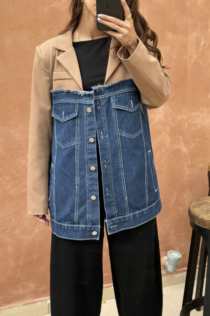 SIMPLE SEMI DENIM DESIGN WOMEN JACKET BROWN/KAFE - 7