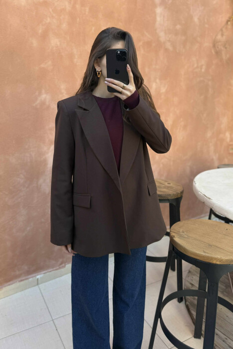 XHAKETË KLASIKE NJË NGJYRËSHE PËR FEMRA NË NGJYRË KAFE TË ERRËT - 3