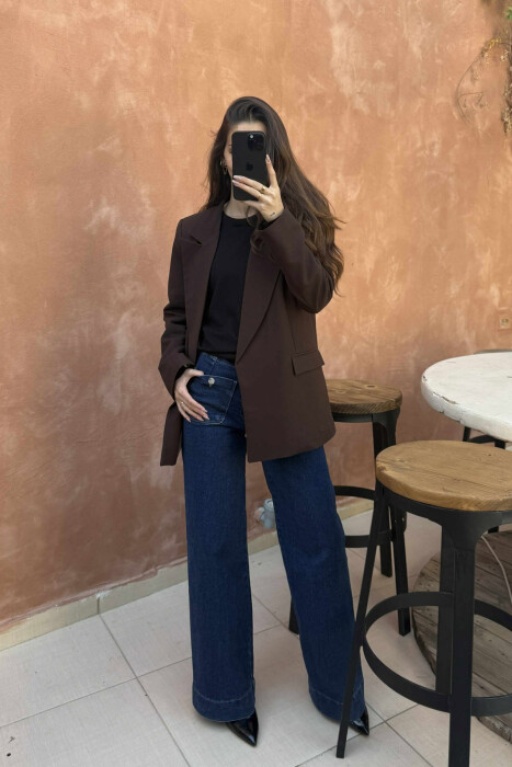 XHAKETË KLASIKE NJË NGJYRËSHE PËR FEMRA NË NGJYRË KAFE TË ERRËT - 5