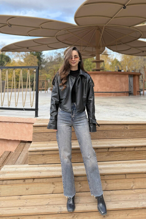 XHAKETË LËKURË CROP PËR FEMRA NË NGJYRËN E ZEZË - KLAUDIO FASHION