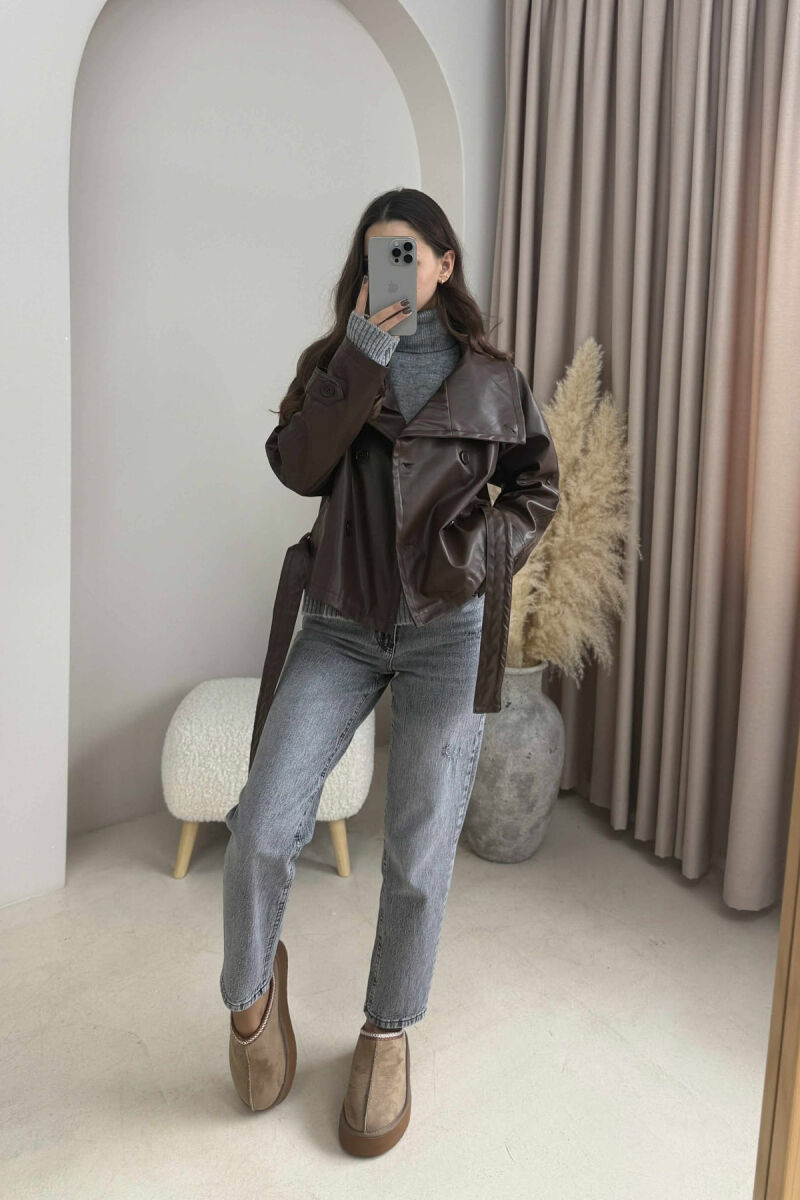  XHAKETË LËKURE NJË NGJYRËSHE ME LIDHËSE PËR FEMRA NË NGJYRË KAFE - 4