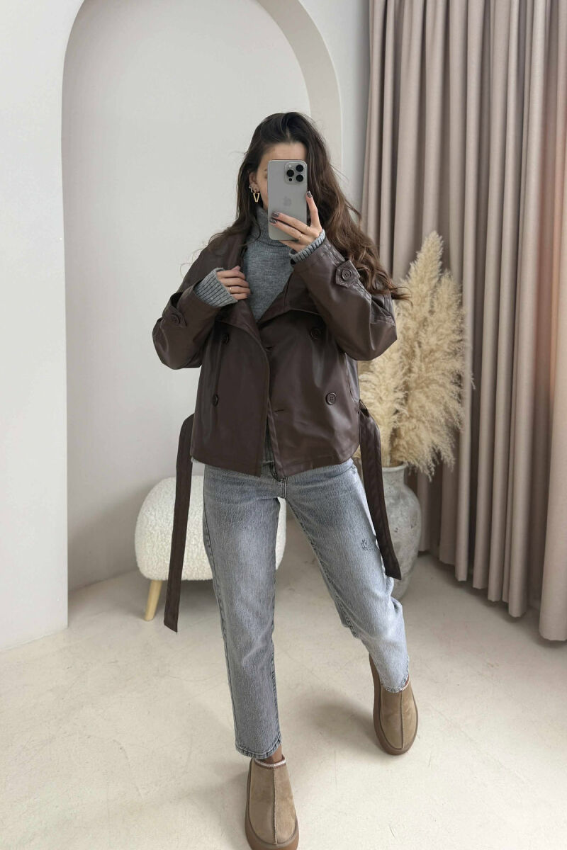  XHAKETË LËKURE NJË NGJYRËSHE ME LIDHËSE PËR FEMRA NË NGJYRË KAFE - 6