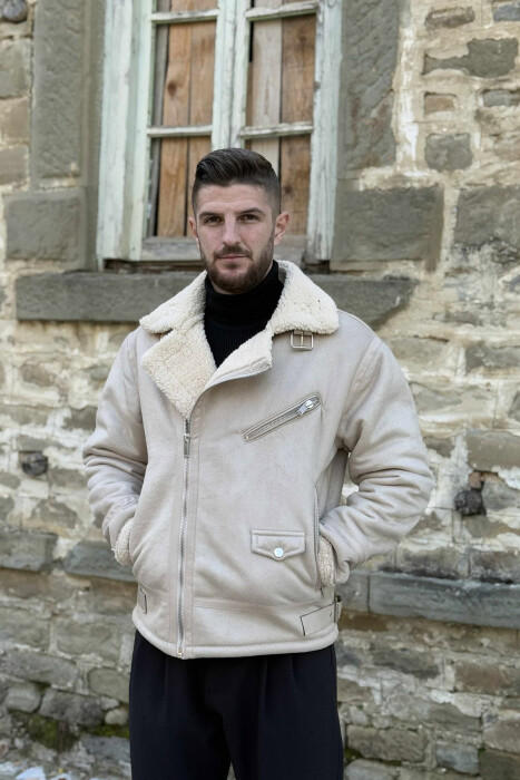 BELTED MEN JACKET WITH ZIPPERS CREAM/KREM 