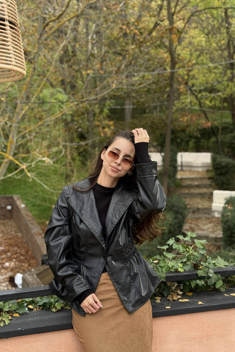 XHAKETË NJË NGJYRËSHE LËKURE ME BEL ELASTIK PËR FEMRA NË NGJYRË TË ZEZË - 5