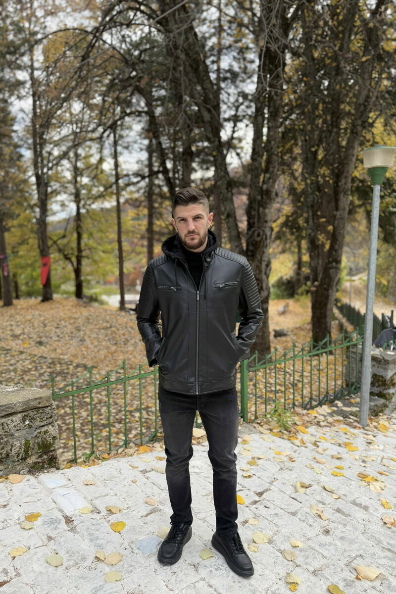 XHAKETË NJË NGJYRËSHE LËKURE ME KAPUÇ PËR MESHKUJ NË NGJYRË TË ZEZË - 1