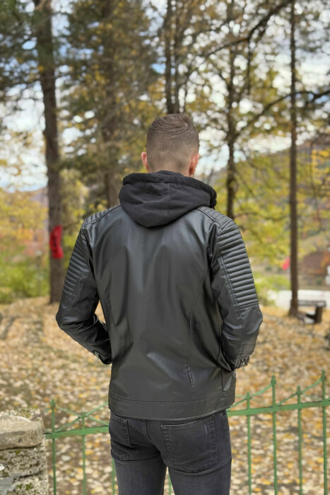 XHAKETË NJË NGJYRËSHE LËKURE ME KAPUÇ PËR MESHKUJ NË NGJYRË TË ZEZË - 4