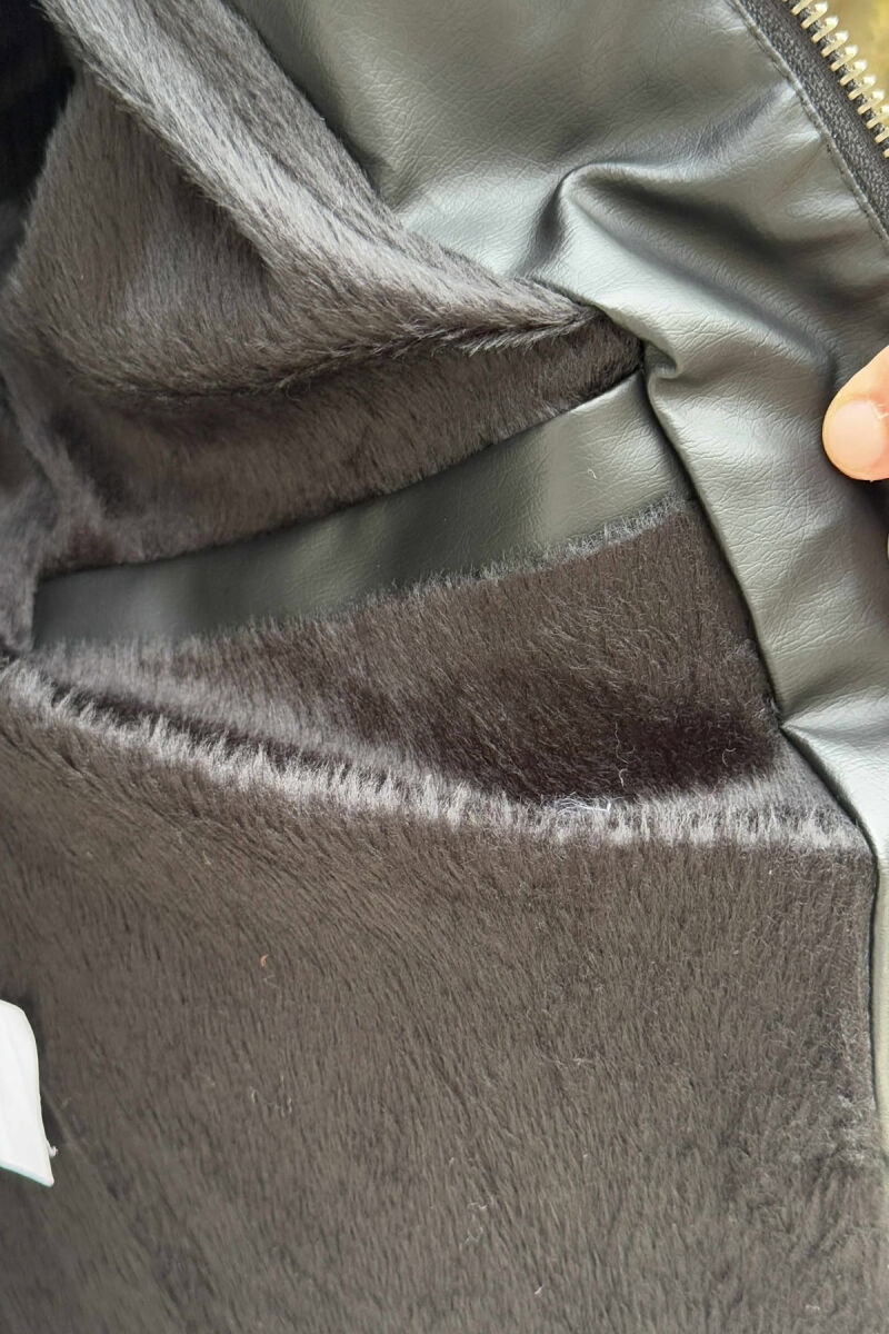 XHAKETË NJË NGJYRËSHE LËKURE ME KAPUÇ PËR MESHKUJ NË NGJYRË TË ZEZË - 5