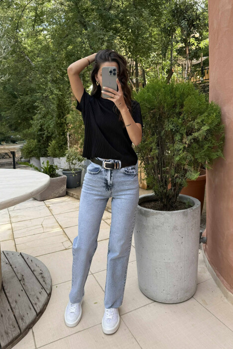 XHINSE TË DREJTA NJËNGJYRËSHE ME RRIP PËR FEMRA NË NGJYRËN BLU - 5