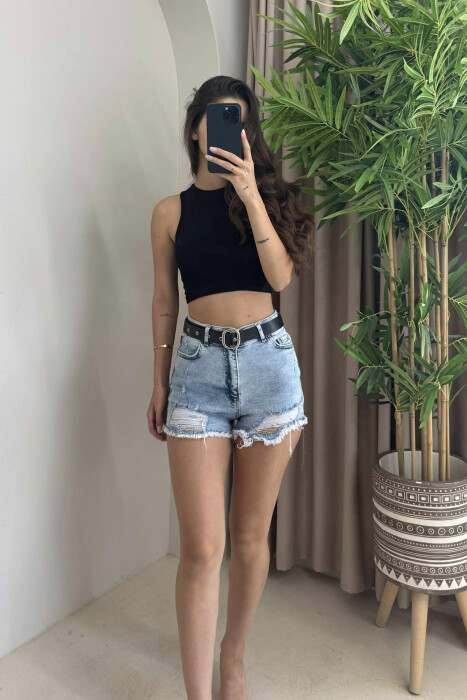 XHINSE TË SHKURTRA ME RRIP PËR FEMRA NË NGJYRËN BLU E ZBARDHUR - 2