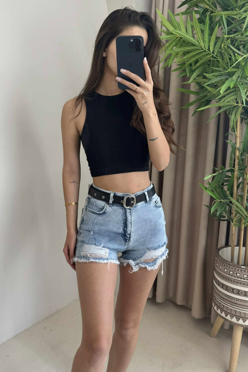 XHINSE TË SHKURTRA ME RRIP PËR FEMRA NË NGJYRËN BLU E ZBARDHUR - 3