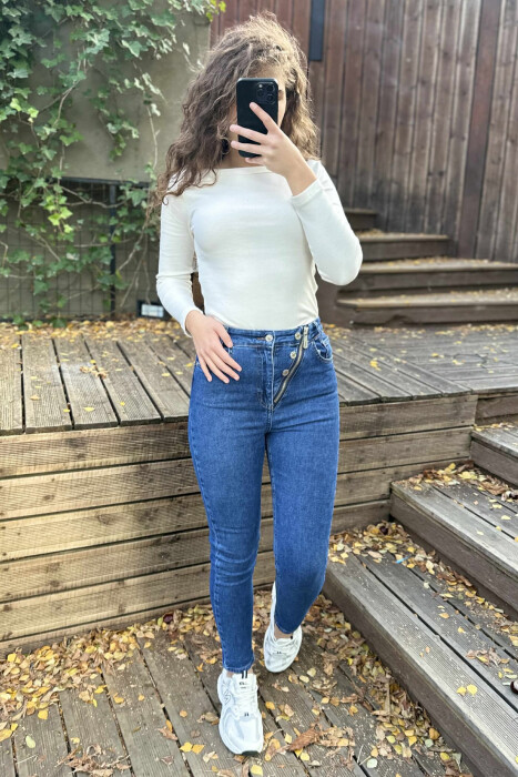 ZIPPER AND BUTTON DETAILS SKINNY WOMEN JEANS BLUE/BLU - KLAUDIO FASHION