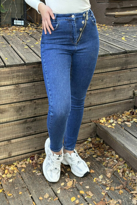 ZIPPER AND BUTTON DETAILS SKINNY WOMEN JEANS BLUE/BLU 