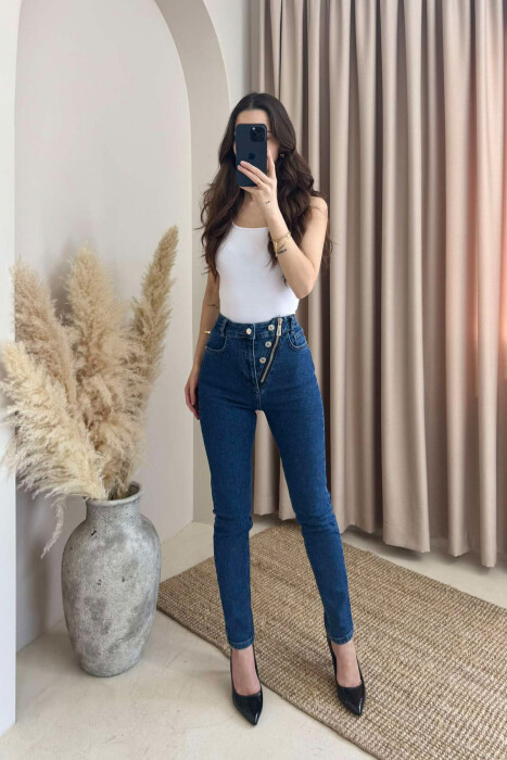 ZIPPER AND BUTTON DETAILS SKINNY WOMEN JEANS BLUE/BLU 
