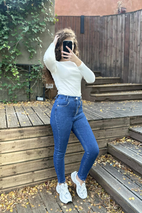 ZIPPER AND BUTTON DETAILS SKINNY WOMEN JEANS BLUE/BLU - 5