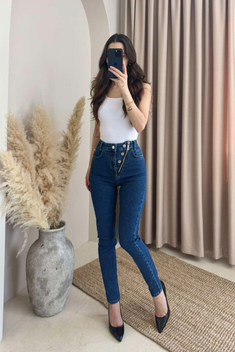 ZIPPER AND BUTTON DETAILS SKINNY WOMEN JEANS BLUE/BLU - 2