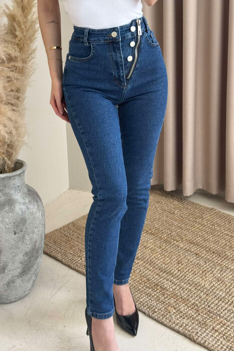 ZIPPER AND BUTTON DETAILS SKINNY WOMEN JEANS BLUE/BLU - 3