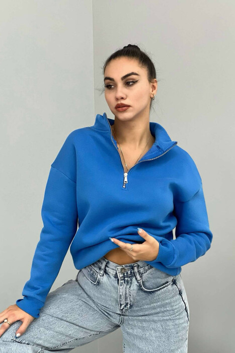 ZIPPER COTTON FLUFFY WOMAN SWEATSHIRT BLUE/BLU - 4