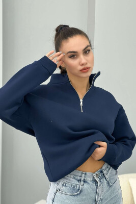 ZIPPER COTTON FLUFFY WOMAN SWEATSHIRT DARK BLUE/BEE 