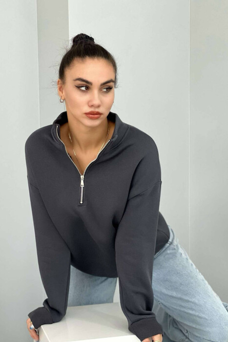 ZIPPER COTTON FLUFFY WOMAN SWEATSHIRT DARK GREY/GEE - 2