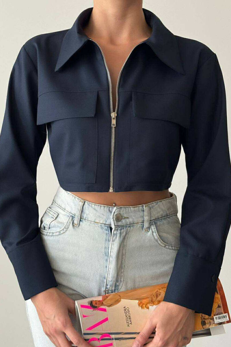 ZIPPER CROPPED ONE COLOR WOMEN JACKET DARK BLUE/BEE - 1