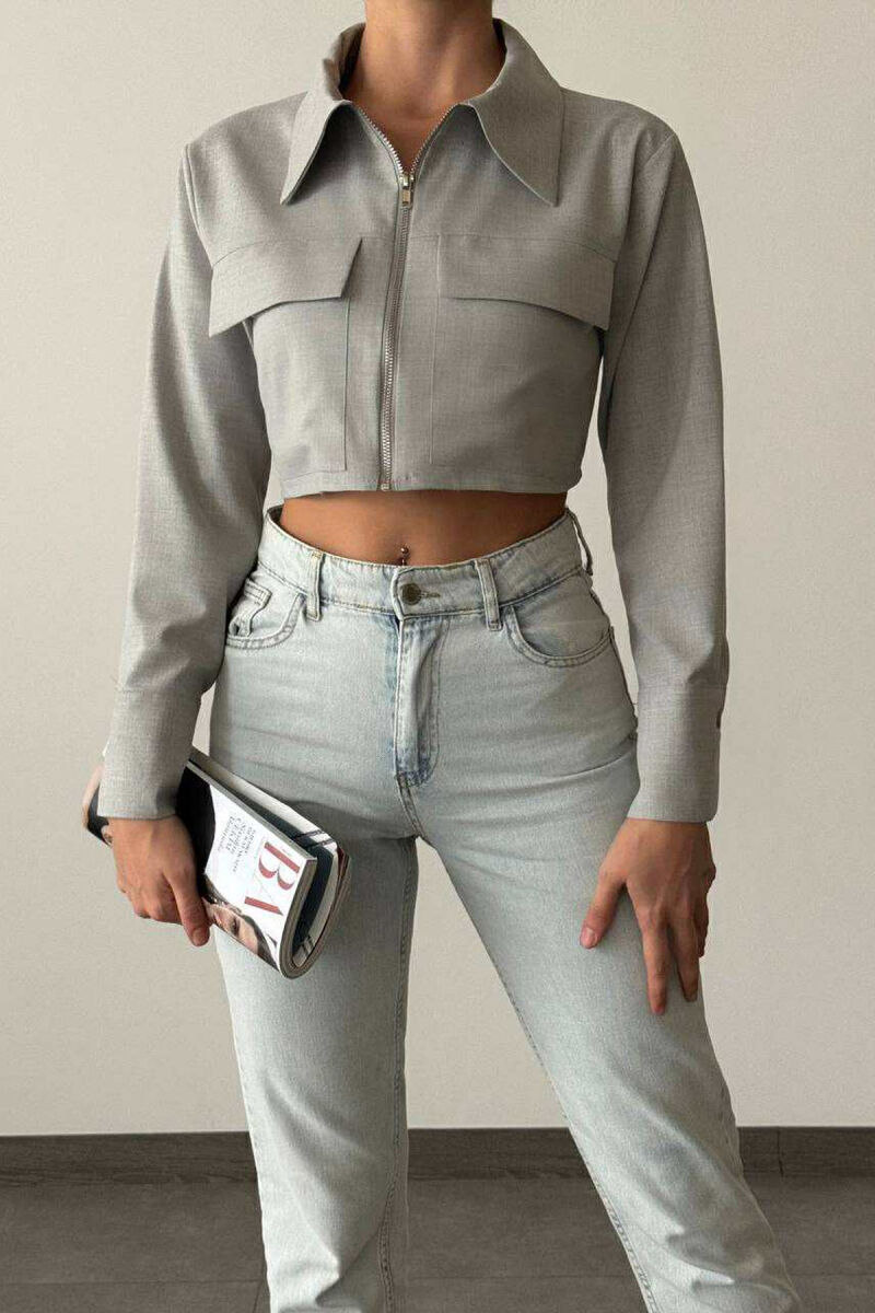 ZIPPER CROPPED ONE COLOR WOMEN JACKET GREY/GRI - 1