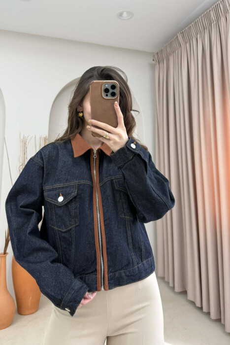 ZIPPER DENIM WOMAN JACKET DARK BLUE/BEE - 1