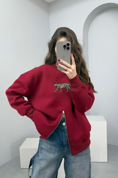 ZIPPER DETAIL LEO IMAGE FLUFFY WOMEN SWEATSHIRT BURGUNDY/VISHNJE - 1