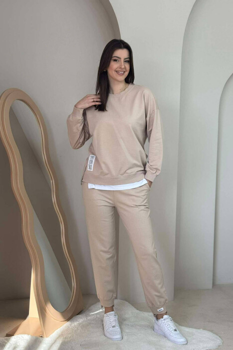 ZIPPER DETAIL SWEATSHIRT+JOGGERS WOMEN SET BEIGE/BEZHE - 1