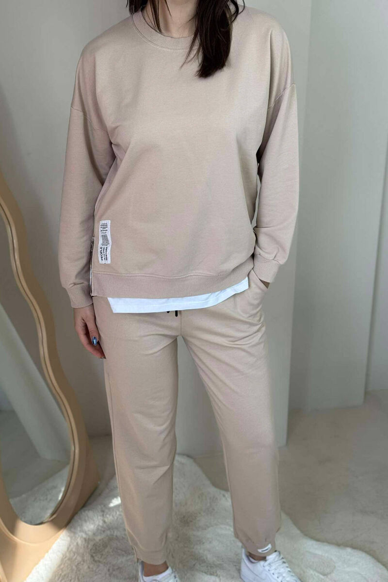 ZIPPER DETAIL SWEATSHIRT+JOGGERS WOMEN SET BEIGE/BEZHE - 4