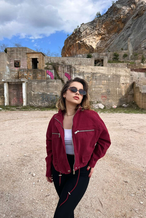 ZIPPER DETAILS DENIM WOMEN JACKET BURGUNDY/VISHNJE - 3