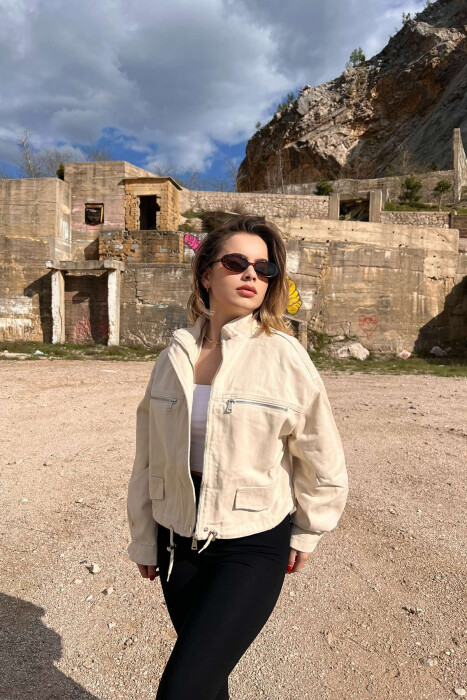 ZIPPER DETAILS DENIM WOMEN JACKET CREAM/KREM - 4