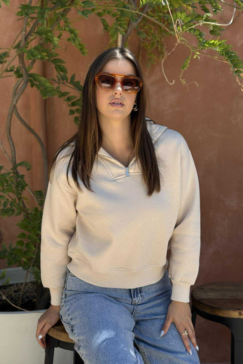 ZIPPER HIGH NECK WOMEN SWEATSHIRT BEIGE/BEZHE - 2