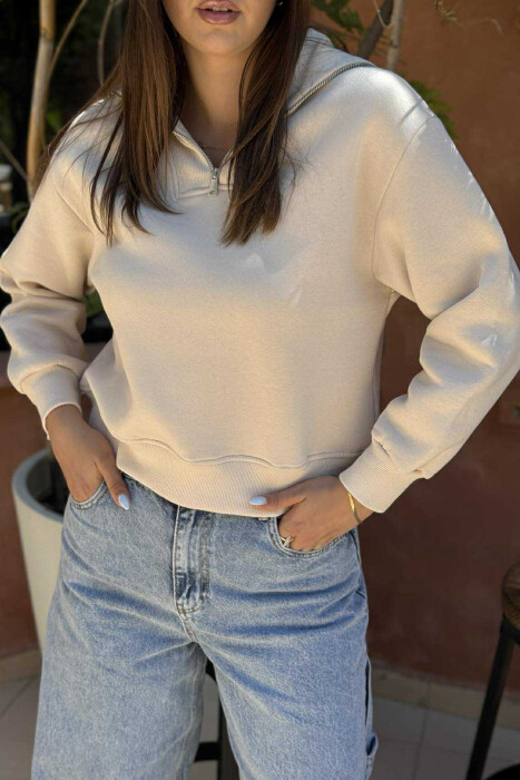 ZIPPER HIGH NECK WOMEN SWEATSHIRT BEIGE/BEZHE - 3