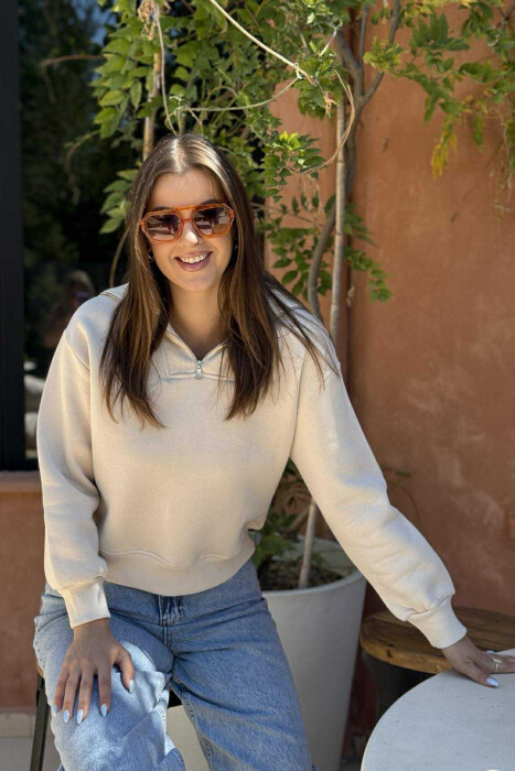 ZIPPER HIGH NECK WOMEN SWEATSHIRT BEIGE/BEZHE - 5