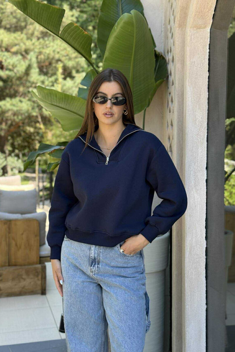 ZIPPER HIGH NECK WOMEN SWEATSHIRT DARK BLUE/BEE - 1