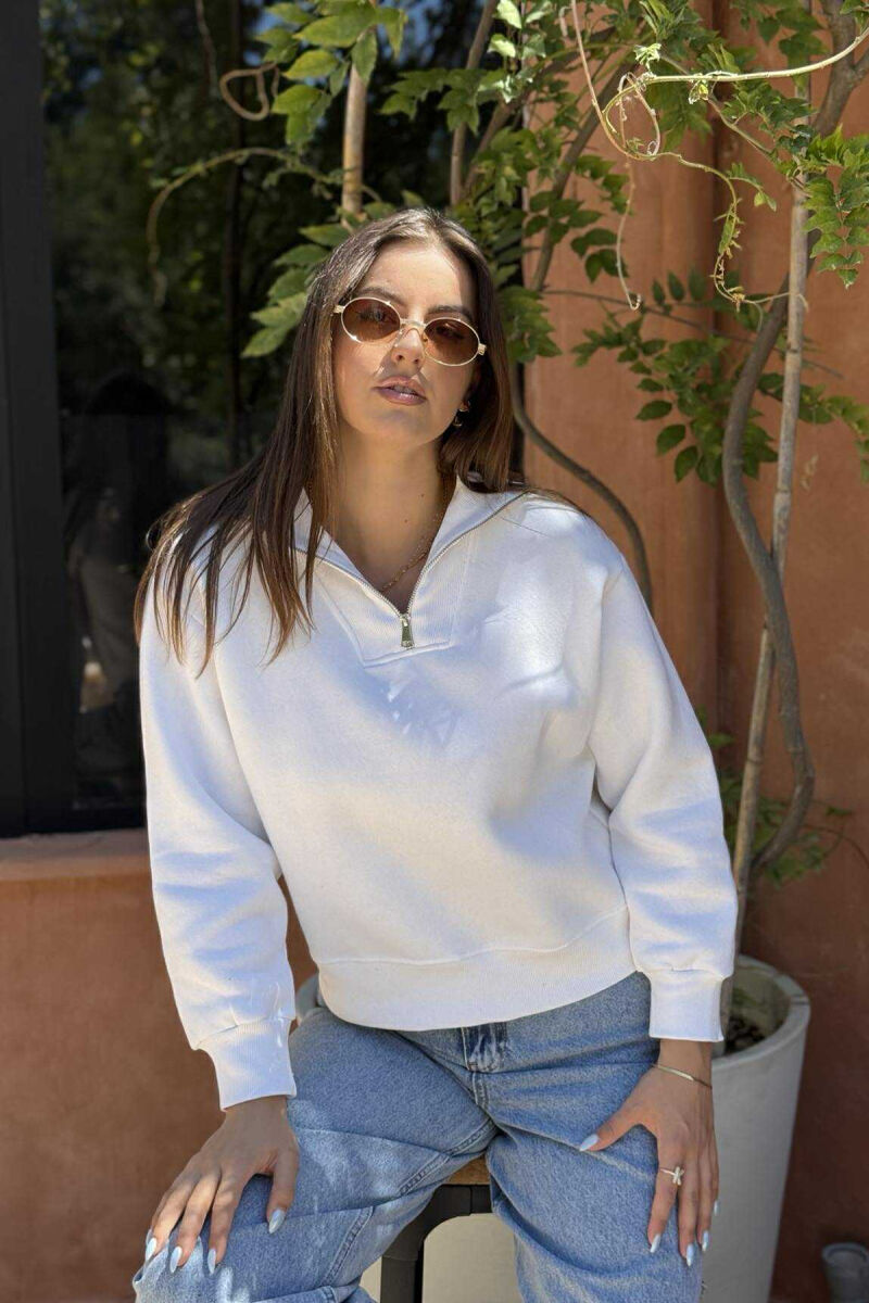 ZIPPER HIGH NECK WOMEN SWEATSHIRT WHITE-E BARDHE - 1