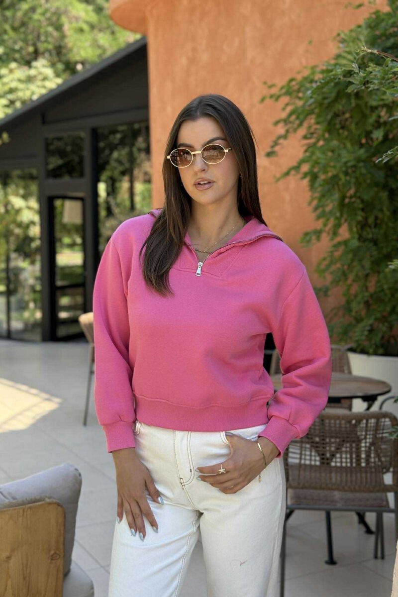 ZIPPER HIGH NECK WOMEN SWEATSHIRT PINK/ROZE - 1