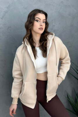 ZIPPER HOOD FLUFFY WOMAN JACKET BEIGE/BEZHE 