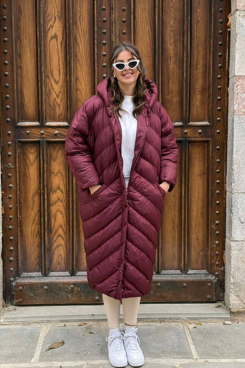 ZIPPER HOOD LONG WOMAN PUFFER JACKET BURGUNDY/VISHNJE - 1