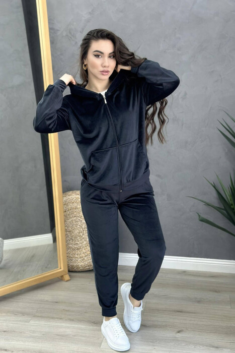 ZIPPER HOOD SIMPLE WOMAN VELVET SUIT BLACK/ E ZEZE - 3