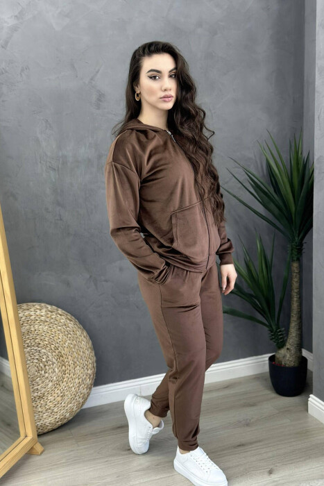 ZIPPER HOOD SIMPLE WOMAN VELVET SUIT BROWN/KAFE - 2