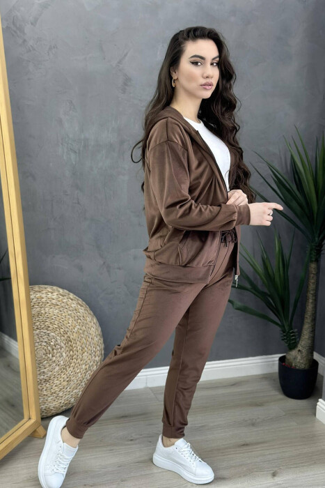 ZIPPER HOOD SIMPLE WOMAN VELVET SUIT BROWN/KAFE - 3