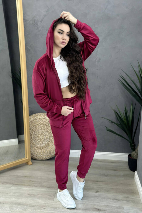 ZIPPER HOOD SIMPLE WOMAN VELVET SUIT BURGUNDY/VISHNJE - 3