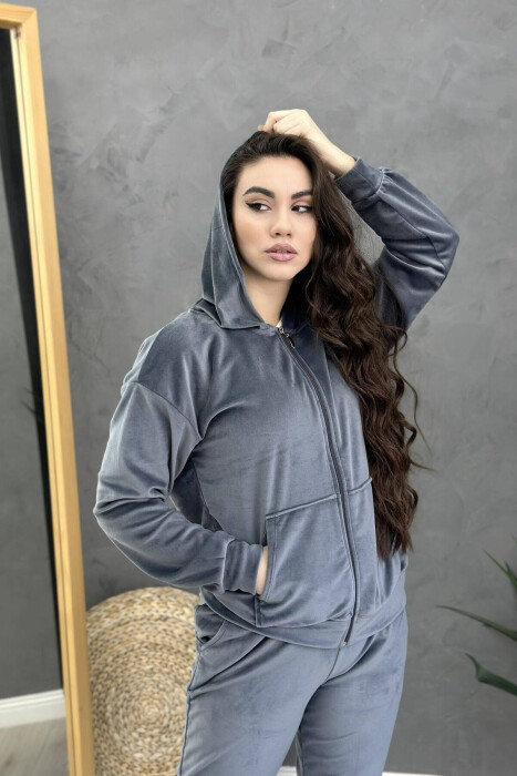 ZIPPER HOOD SIMPLE WOMAN VELVET SUIT GREY/GRI - 2