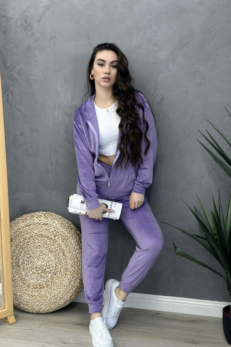 ZIPPER HOOD SIMPLE WOMAN VELVET SUIT LIGHT PURPLE/LEZB - 3