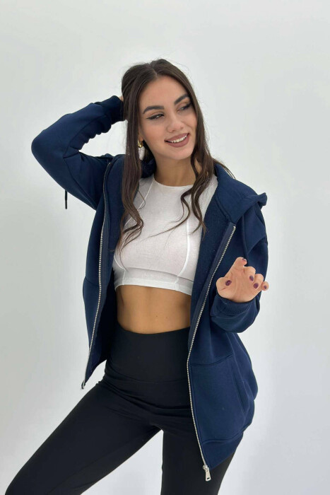 ZIPPER HOOD WOMEN JACKET IN DARK BLUE COLOR - 4