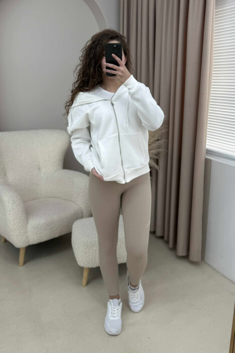ONE COLOR ZIPPER HOOD WOMEN JACKET WHITE-E BARDHE - 5