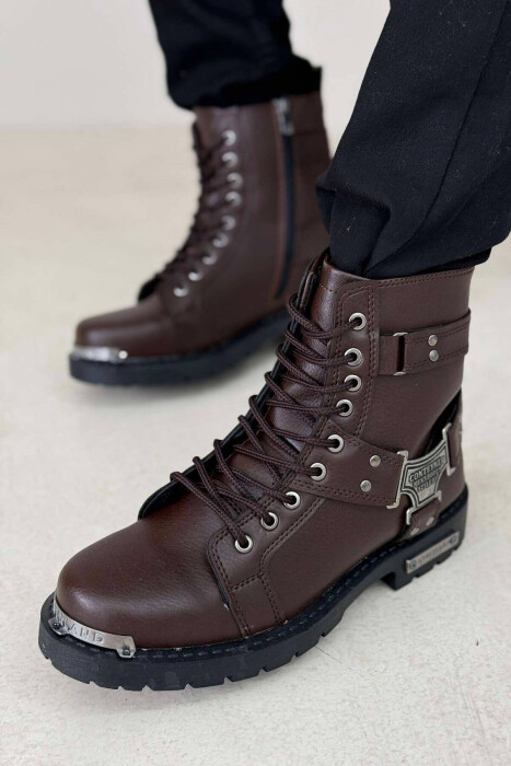 ZIPPER & LACING METAL DETAILS MEN BOOTS BROWN/KAFE - 3