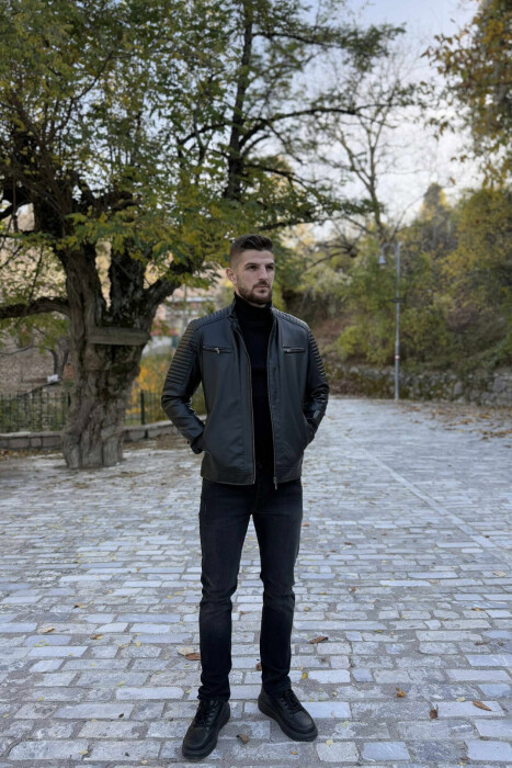 ZIPPER LEATHER BIKER MEN JACKET BLACK/ E ZEZE - 2