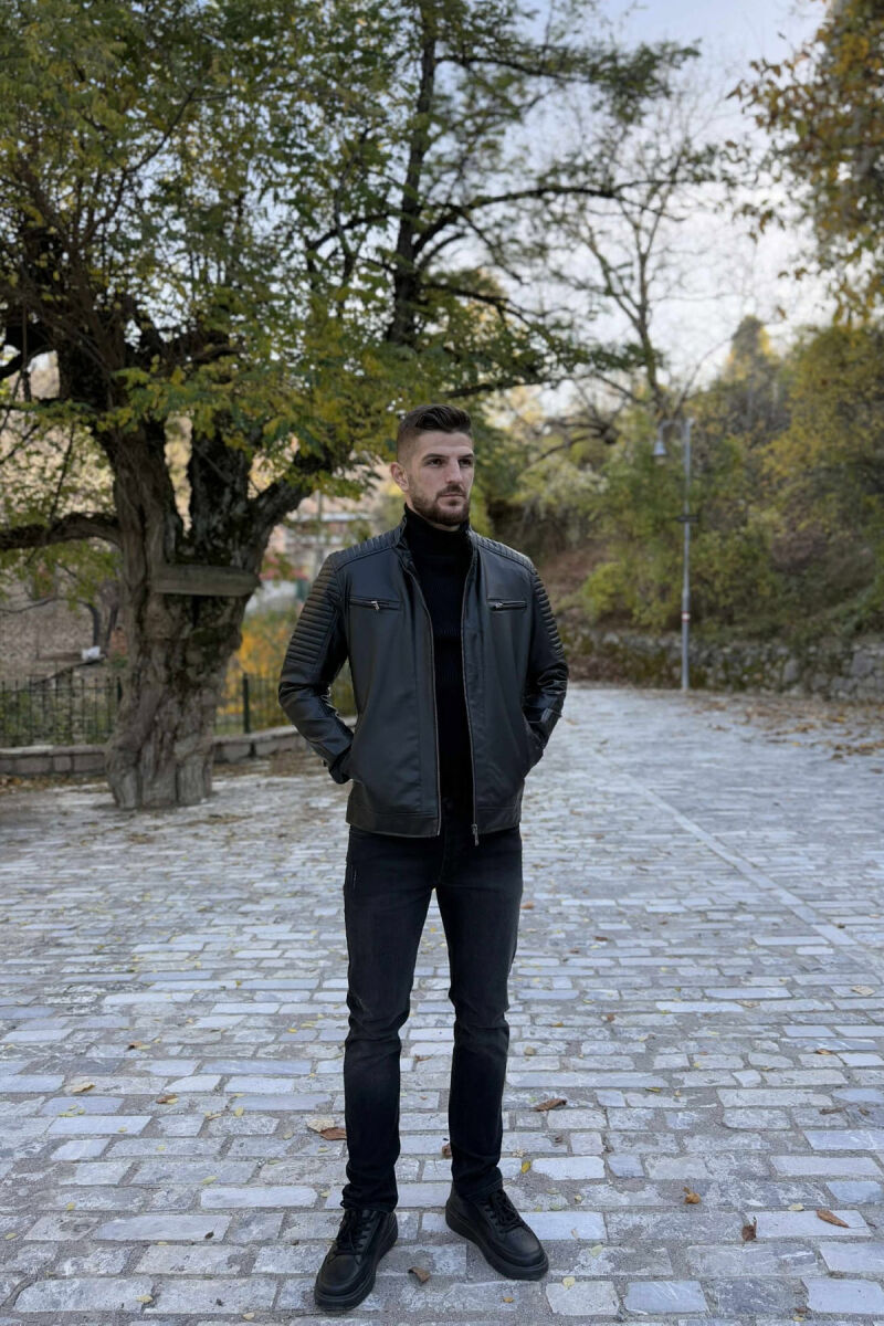 ZIPPER LEATHER BIKER MEN JACKET BLACK/ E ZEZE - 2